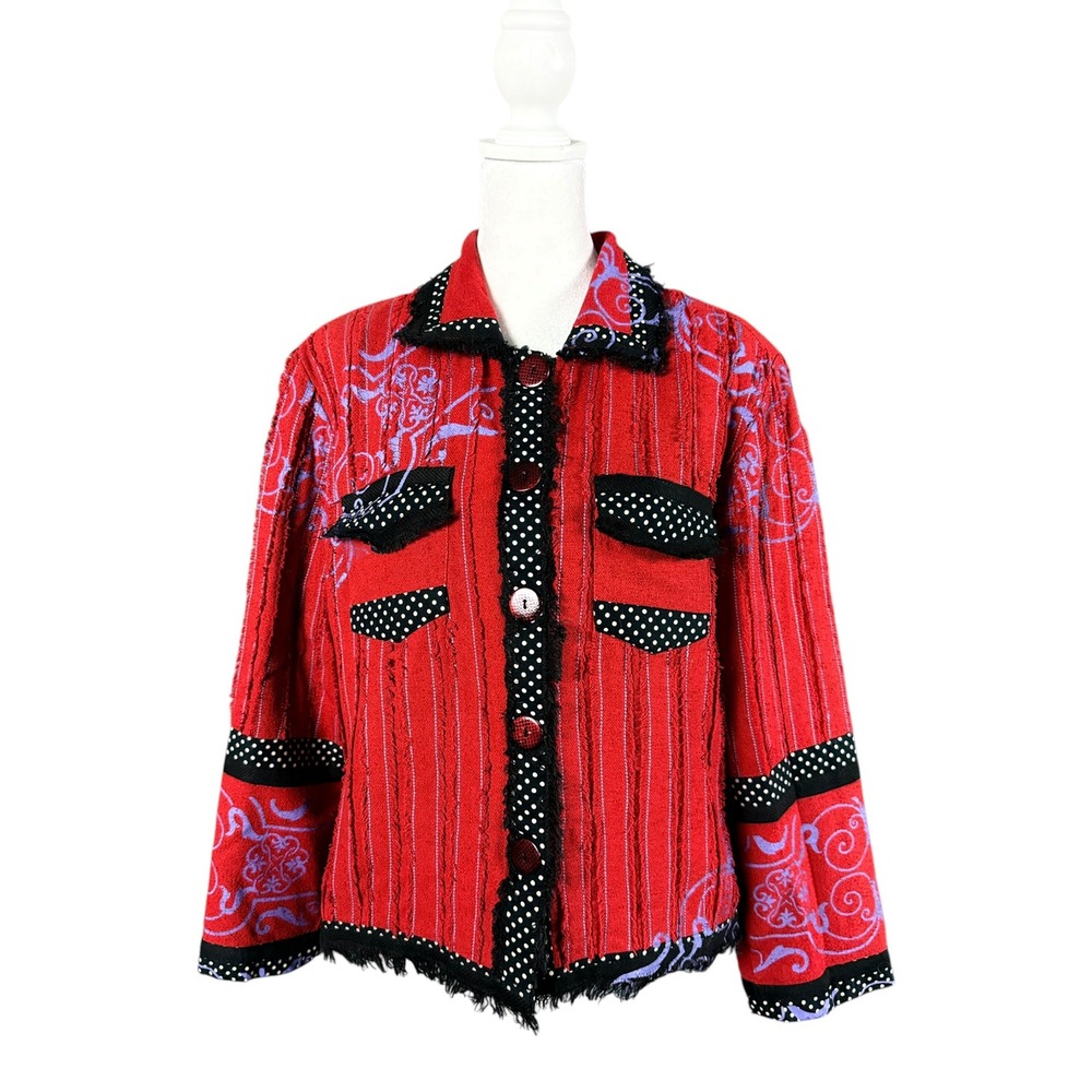 Sandy Starkman Art to Wear Jacket Womens Large Red Purple Polka Dot Lined Fringe